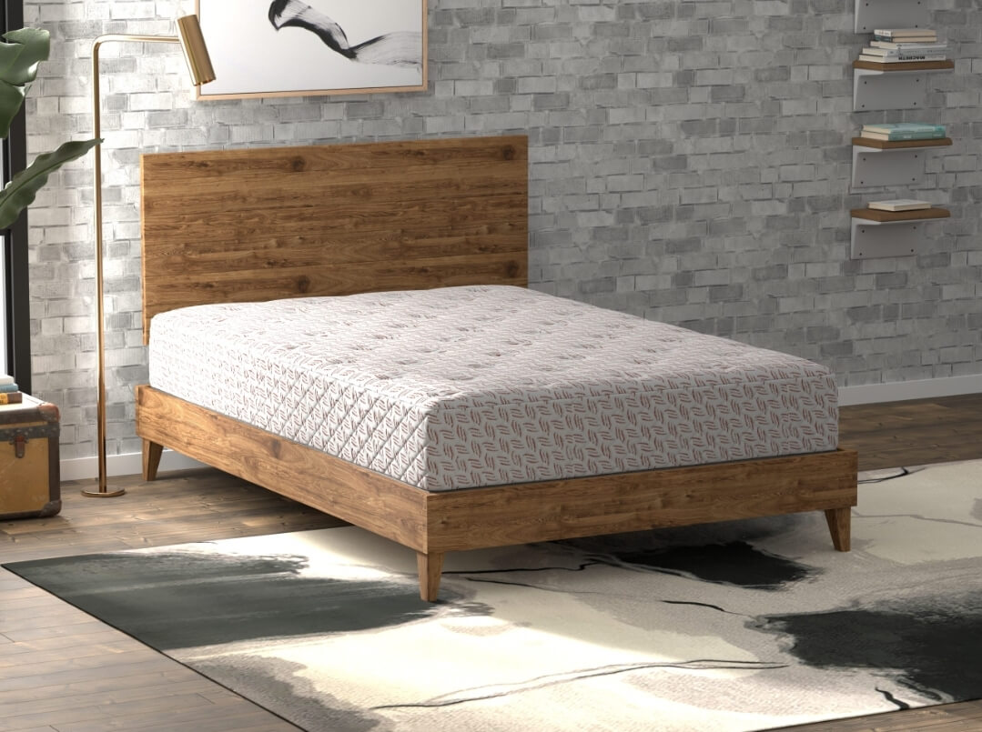 bed with wooden bed frame